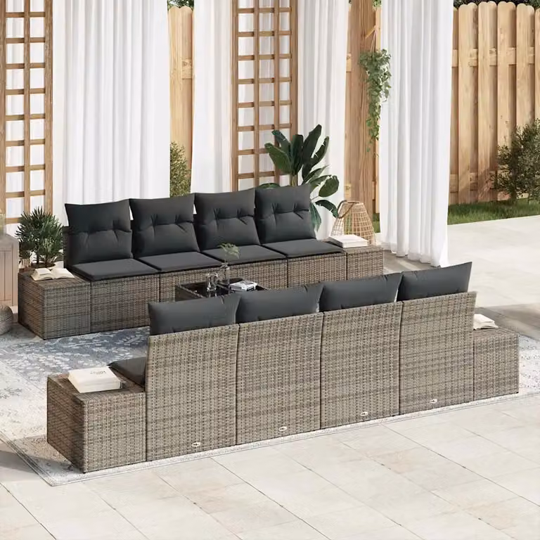 Set Divano da Giardino vidaXL 7 Pezzi a Forma di U in Polyrattan Grigio con Cuscini e Tavolino