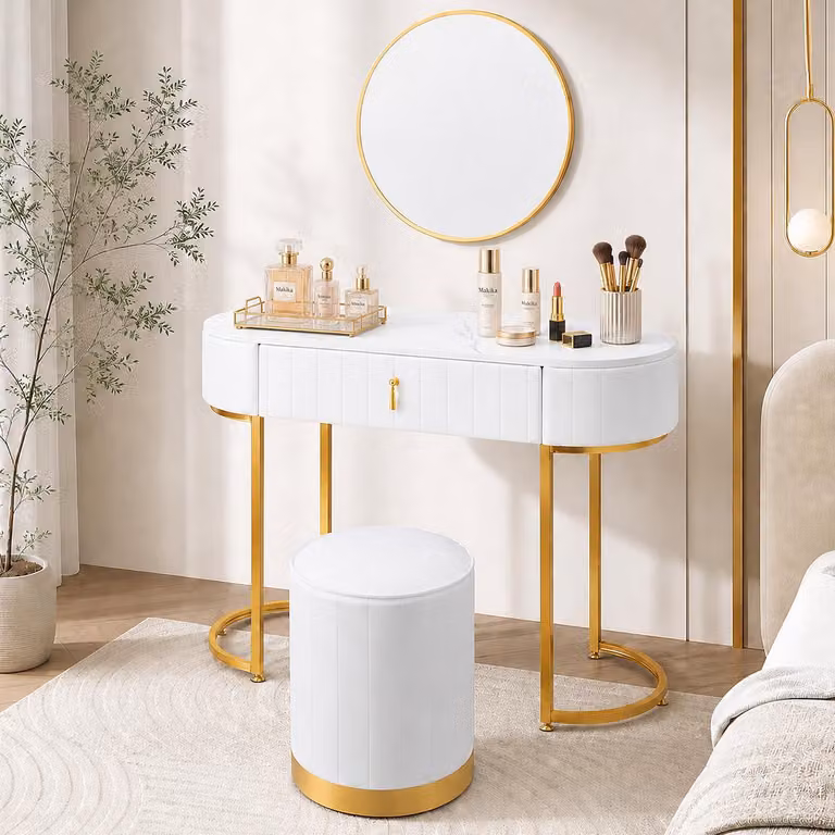 Makika JOLIE, tavolino da toilette in ecopelle con sgabello e specchio
