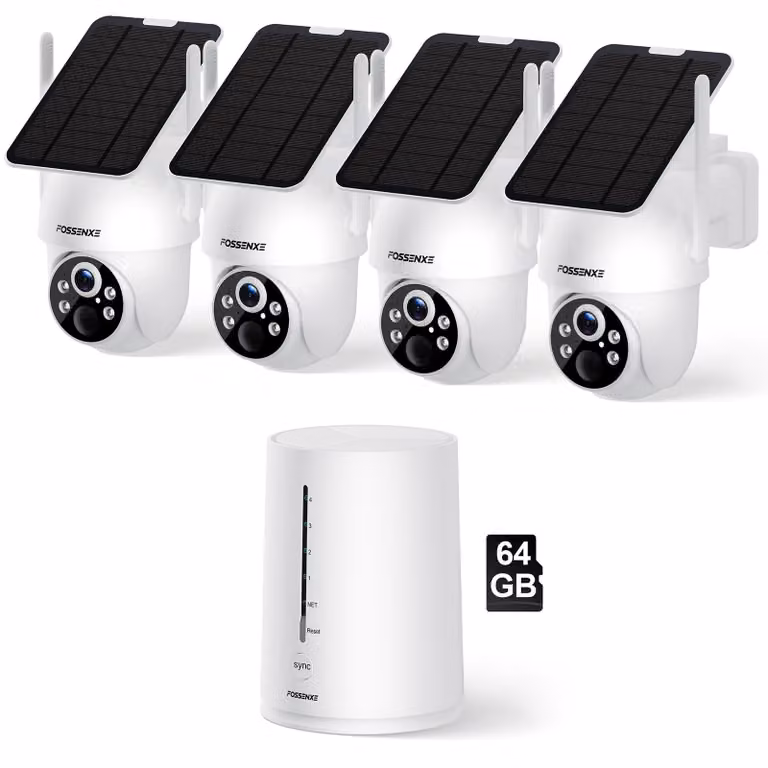 Kit di 4 telecamere solari Wi-Fi da 4MP per videosorveglianza esterna, con base stazione, panoramica a 360° PTZ, grado di protezione IP66 resistente agli agenti atmosferici e rilevamento del movimento tramite sensore PIR