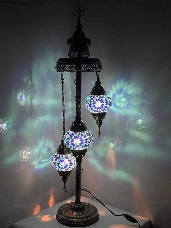 Lampada da terra turca con mosaico - Lampada marocchina blu con 3 sfere - Fatta a mano e autentica