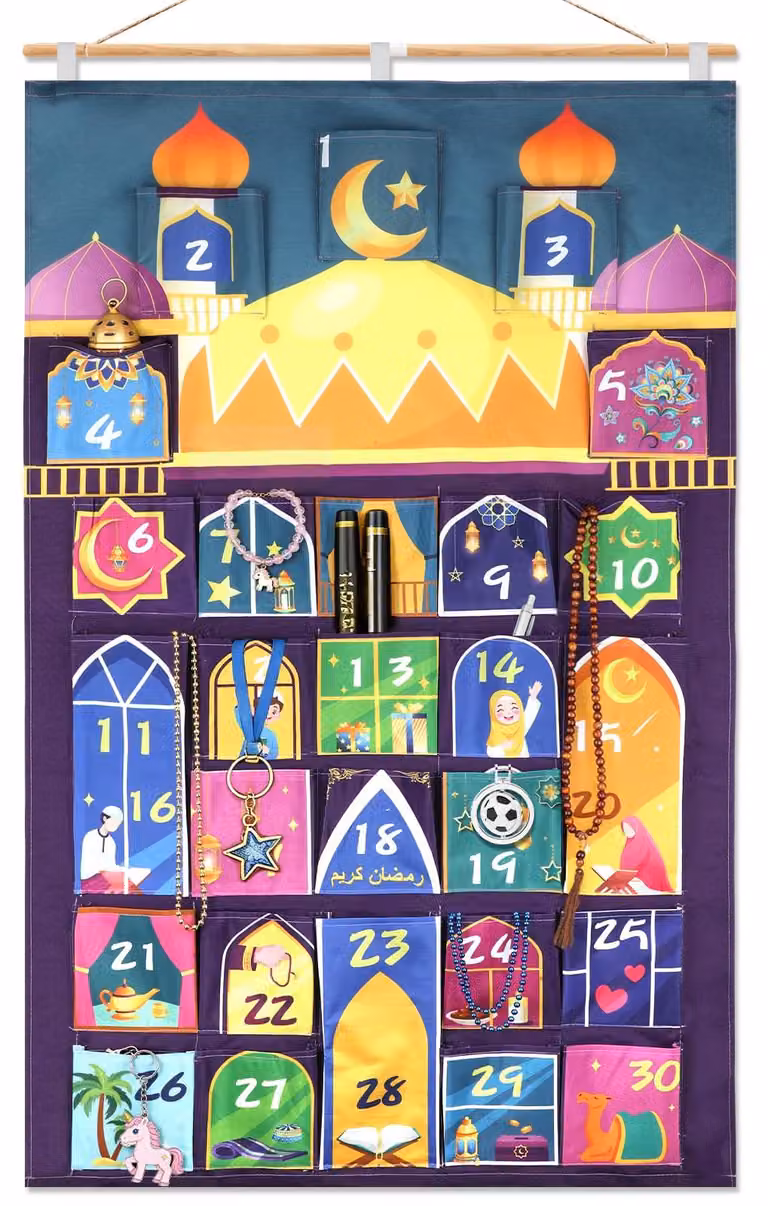Calendario in tessuto a tema Ramadan con immagini di moschee, dimensioni 110x70 cm, da realizzare da soli, riutilizzabile