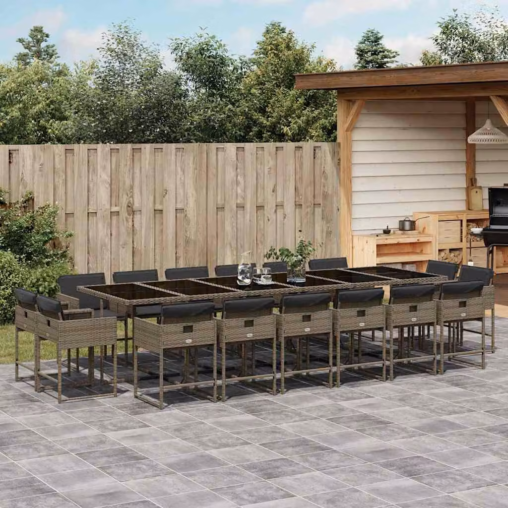 Set da pranzo da giardino vidaXL in polyrattan con cuscini grigi e piano in vetro, 17 pezzi – 1
