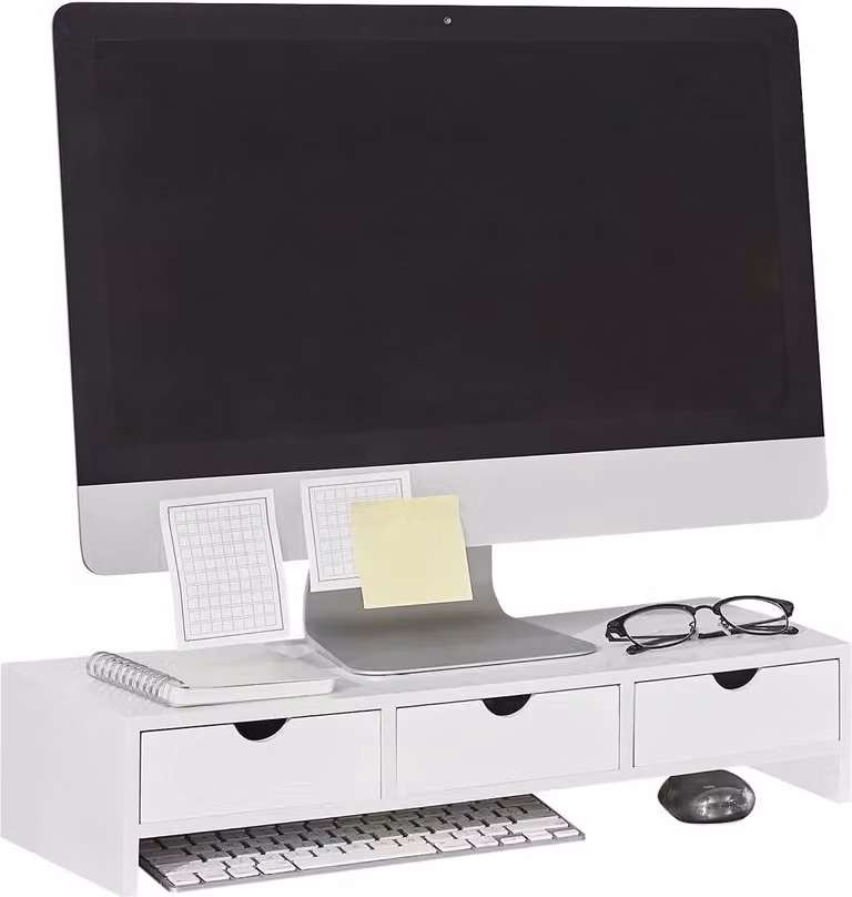 SoBuy Organizzatore da scrivania con supporto per monitor e 3 cassetti - 51x25x12cm, bianco