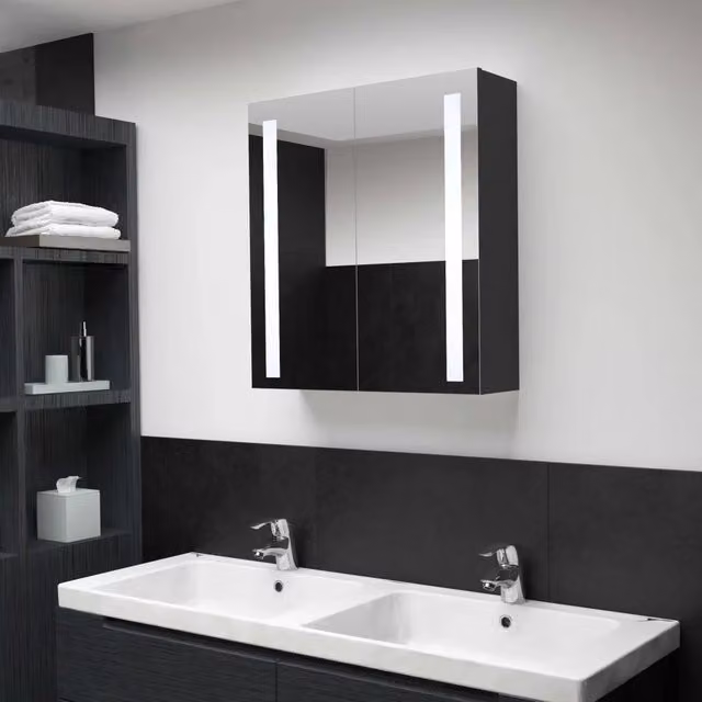 Armadietto da bagno moderno Design Mania con specchio e illuminazione LED, colore antracite e nero, L: 60 cm, P: 14 cm, H: 62 cm