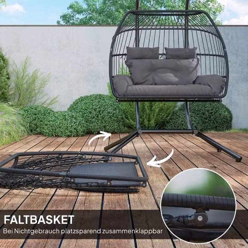 Poltrona sospesa pieghevole REDOM per 2 persone in rattan e metallo grigio, L: 170 cm, P: 100 cm, H: 185 cm – 2