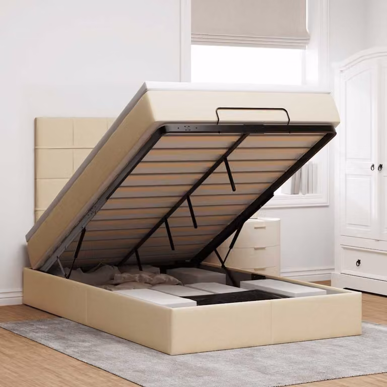 Letto moderno vidaXL con contenitore a sollevamento, illuminazione sottostante e porta di ricarica USB, colori beige e bianco, L/P/H: 200 x 120 x 193 cm