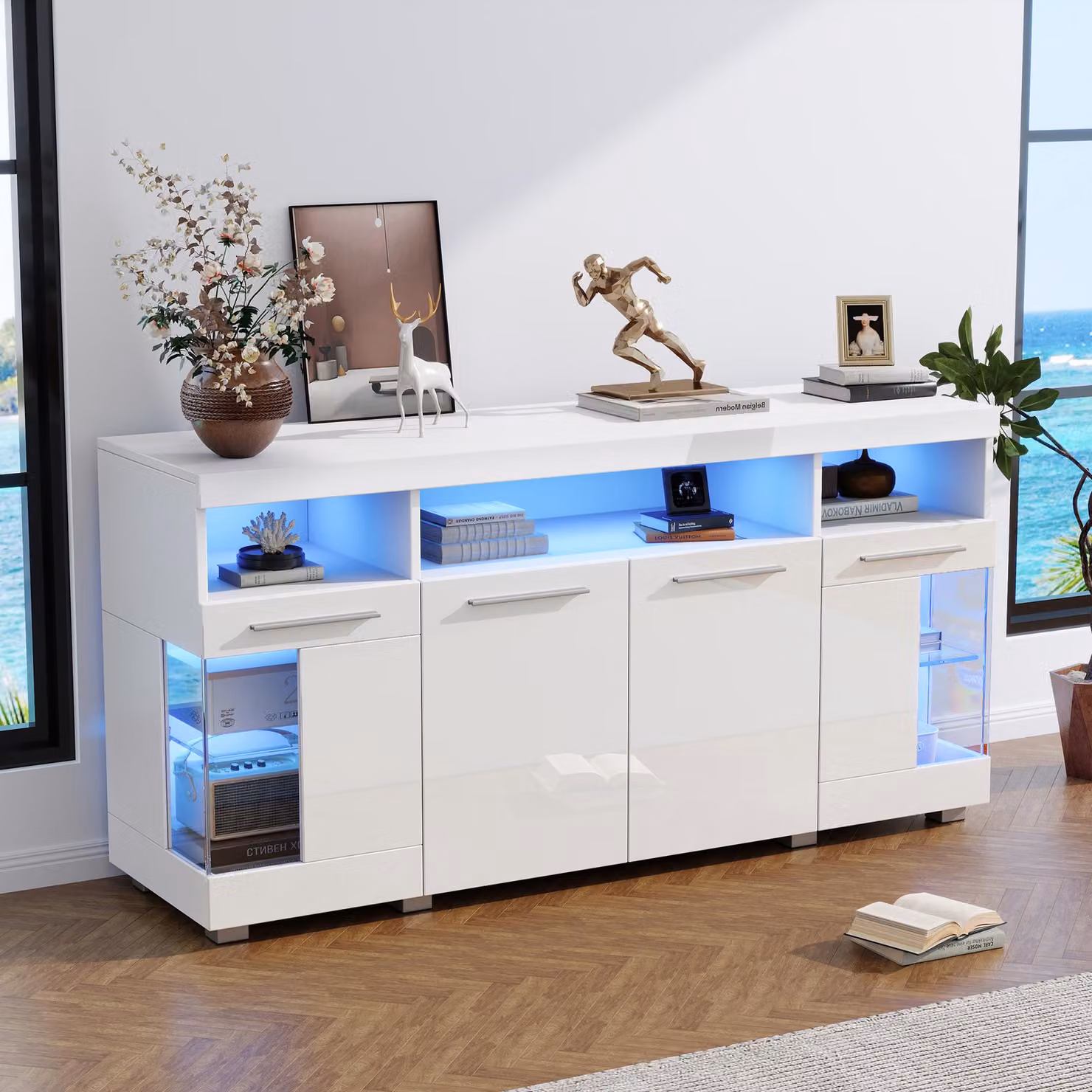 Merax credenza lucida 140 cm con LED, mobile da soggiorno con ante in vetro, 3 armadi e 6 scomparti, cassettiera moderna con vetro temperato, bianco