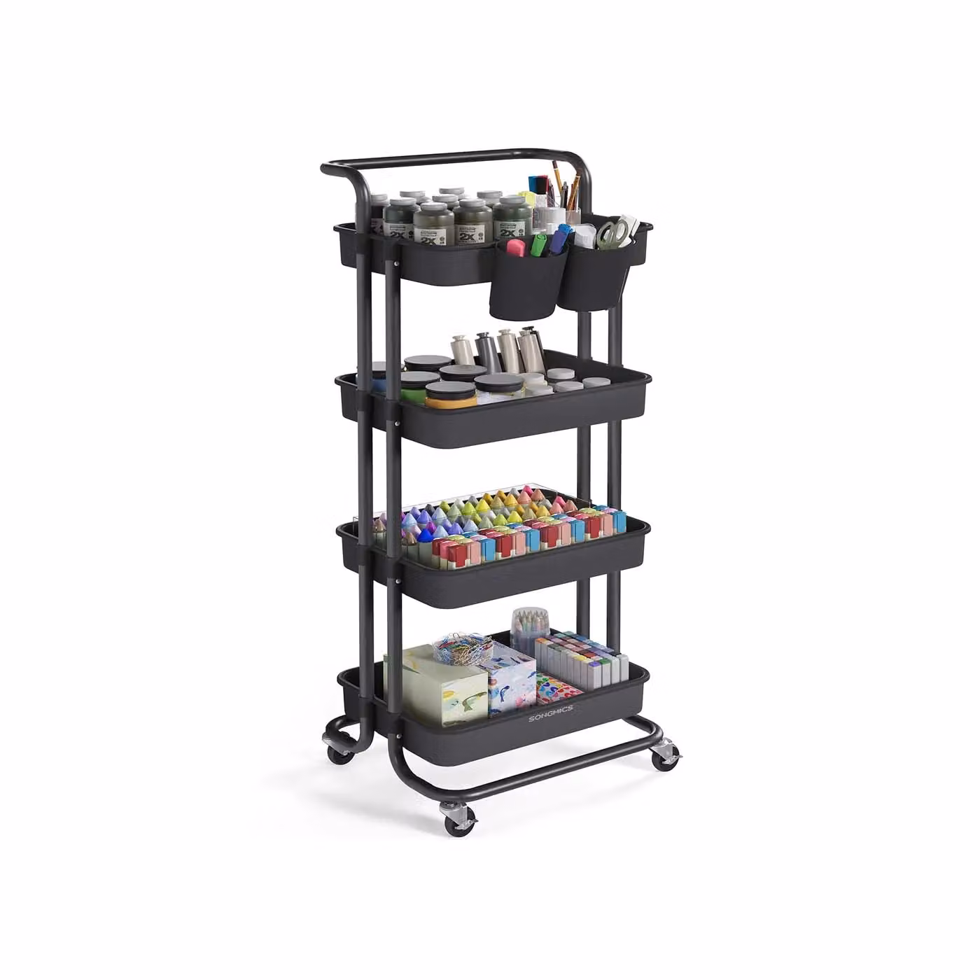 Carrello Multiuso con Ruote Manico e Organizzatori, Nero / 4 Livelli (115H cm)