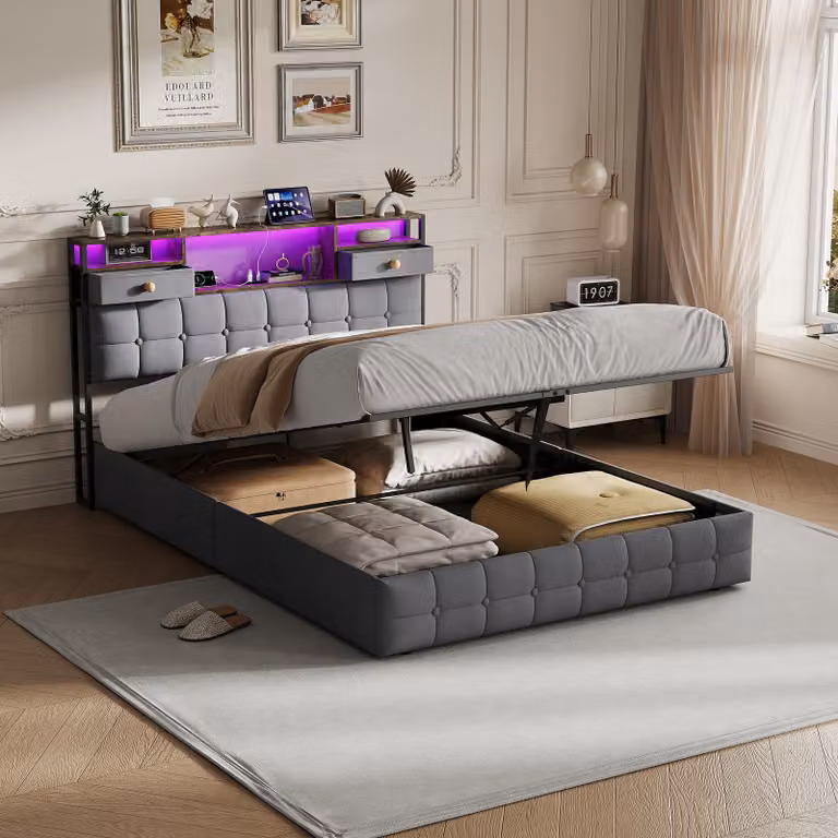 Letto imbottito REMZETTA, 140 x 200 cm, con contenitore, sistema di sollevamento idraulico, 2 cassetti nella testata e illuminazione LED, colore grigio, per adulti