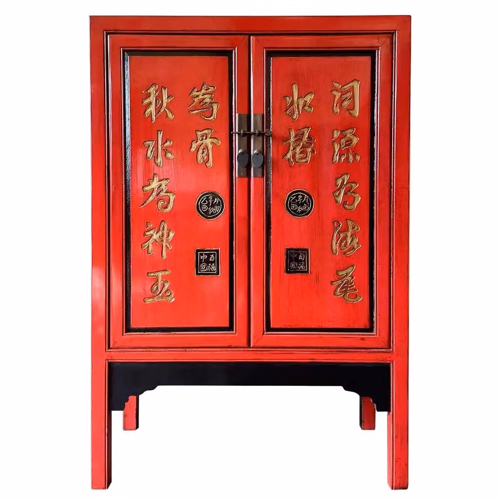 Mobiletto Wanderlust Deco in legno laccato stile orientale, L: 100 cm, P: 40 cm, H: 150 cm, colori rosso, oro e nero – 2