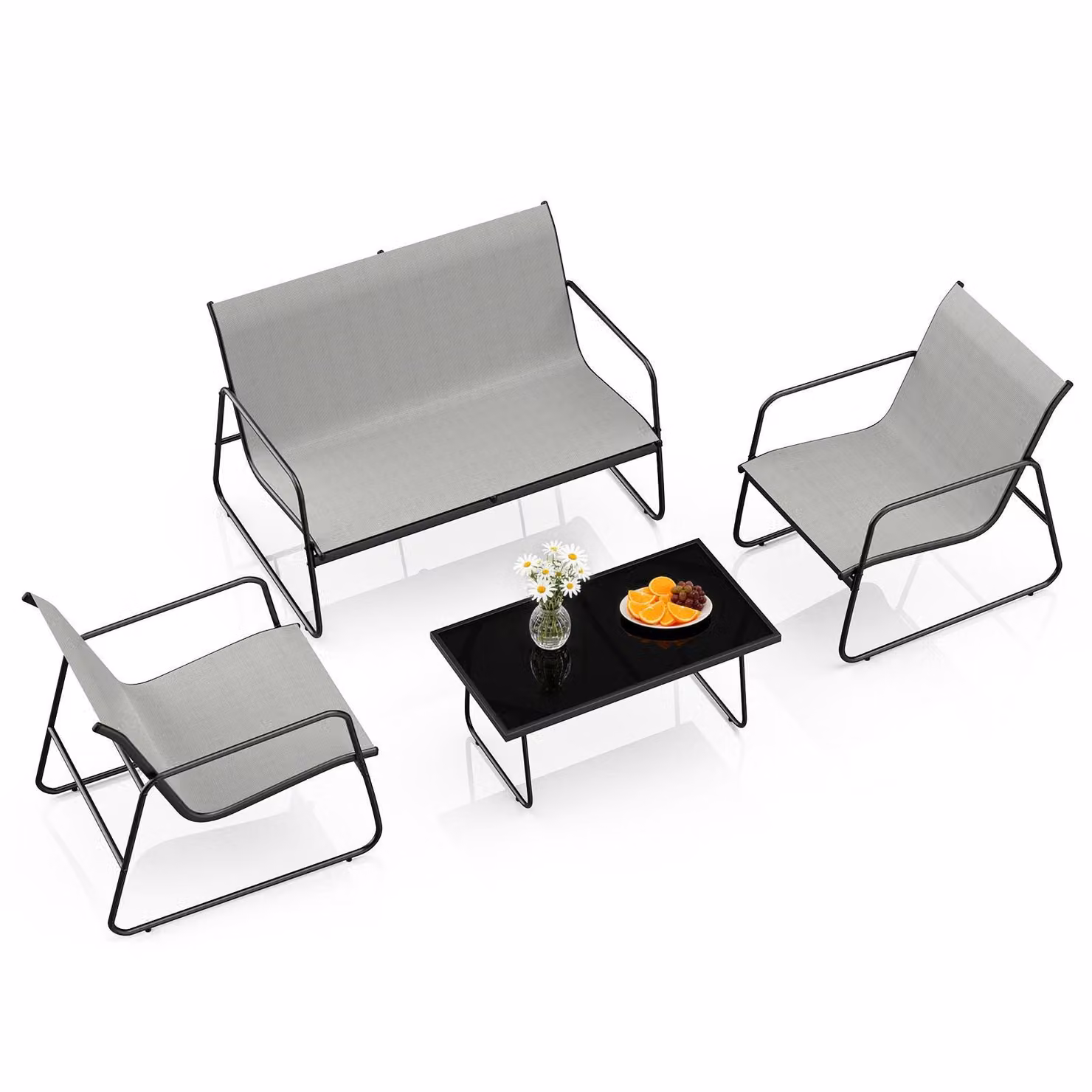 Set di mobili da giardino da 4 pezzi, set di mobili da balcone per 4 persone con 2 sedie, 1 panca e 1 tavolo, mobili da terrazza grigio scuro per giardino, balcone e terrazza