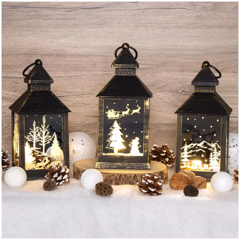 Set di 3 lanterne a LED con timer, finitura effetto specchio, luce bianco caldo
