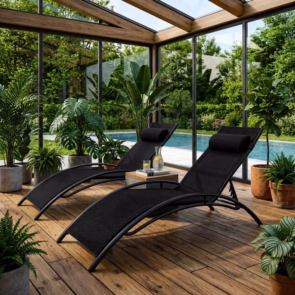 Set di 2 lettini da piscina Arreditaly in textilene nero con schienale regolabile per giardino e terrazza L/P/H: 158 x 59 x 81.5 cm – 2