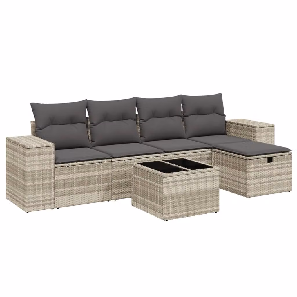 Set Divano da Giardino 6pz con Cuscini Grigio Chiaro Polyrattan