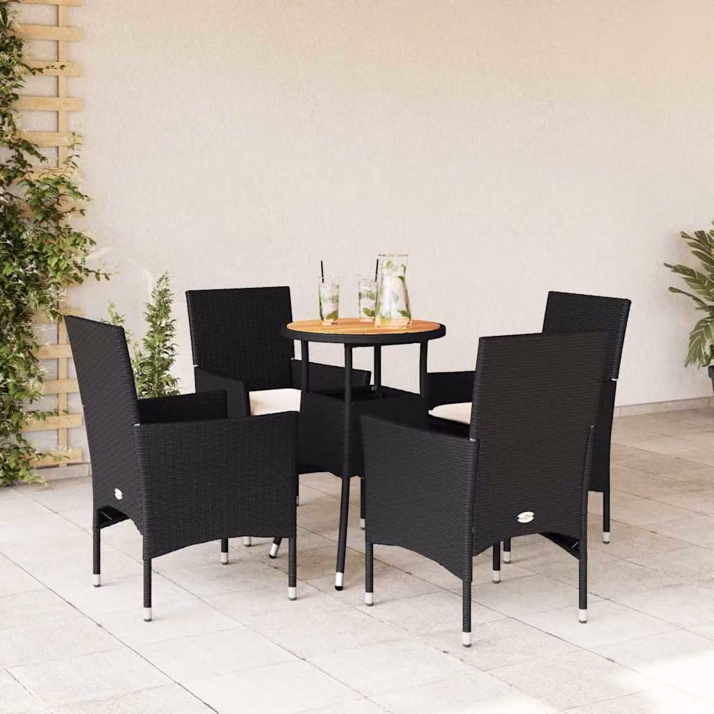 Set Pranzo da Giardino vidaXL in Polyrattan e Legno di Acacia con 5 Cuscini, Nero e Beige – 1