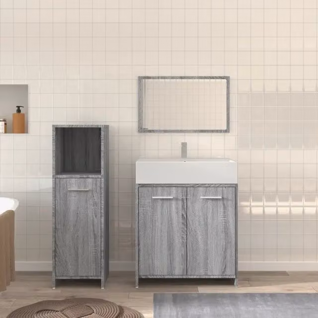 Set Mobili da Bagno 3 Pezzi vidaXL in Legno Grigio con Mobile Lavabo, Pensile e Armadietto Laterale – 1