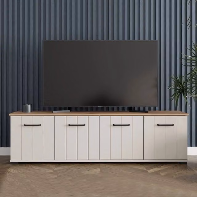 Mobile porta TV DMORA con un ripiano, design moderno in legno bianco e crema, L: 156 cm, P: 40 cm, H: 44 cm