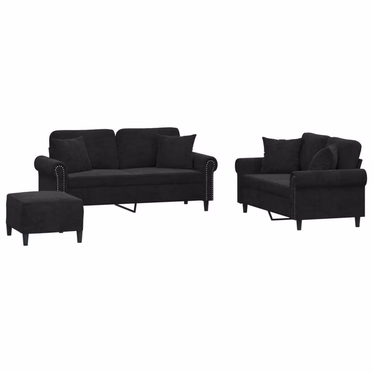 Set di Divani 3 pz con Cuscini Nero in Velluto