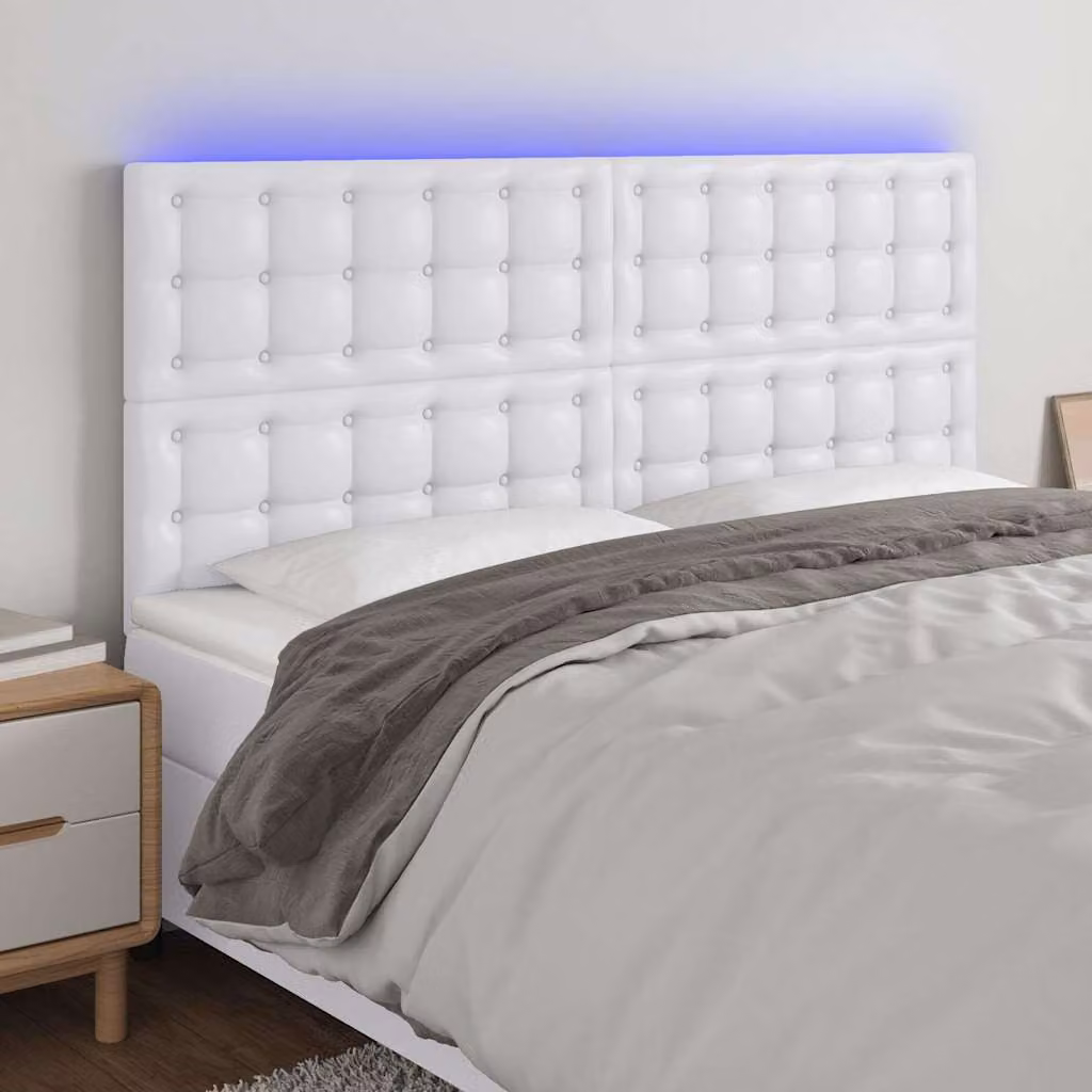Testiera per letto vidaXL in similpelle bianca con illuminazione LED e porta di ricarica USB, L: 180 cm, P: 5 cm, H: 118/128 cm