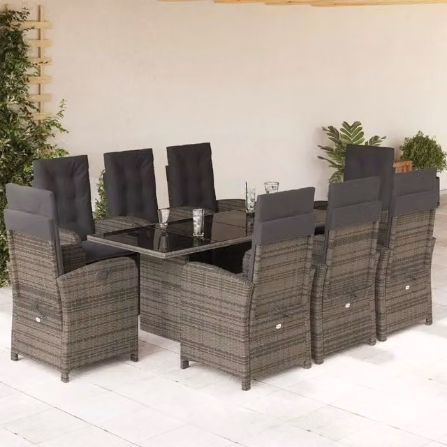 Set da Pranzo da Giardino 9 pz vidaXL in Polyrattan Grigio e Nero con Piano in Vetro – 1