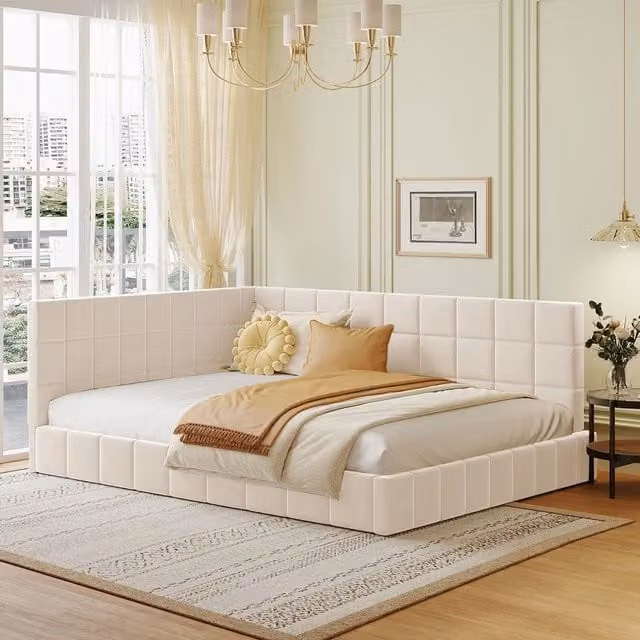 Letto Imbottito con Rete a Doghe ¨C MINIMAL ¨C Velluto Beige 140x200