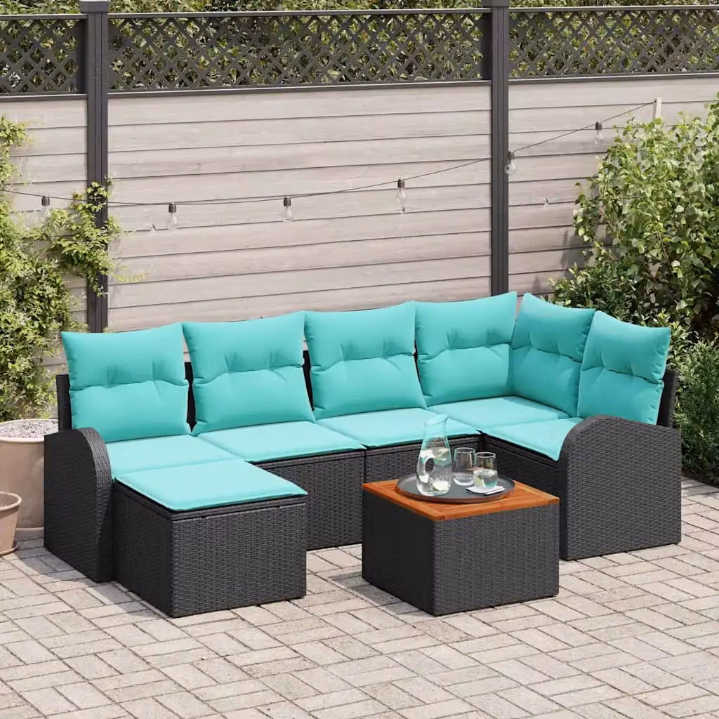 Set Divano da Giardino vidaXL 7 Pezzi Moderno in Polyrattan con Cuscini Nero e Turchese
