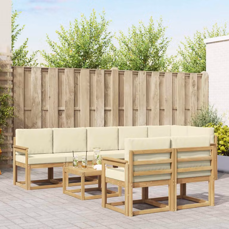 vidaXL Set di divani da esterno a forma di U composto da 9 pezzi in legno di acacia con cuscini, colori bianco, beige e marrone