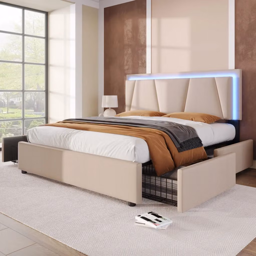 Letto matrimoniale MODFU imbottito beige con illuminazione LED sottostante e cassetti L/P: 160 x 200 cm – 2