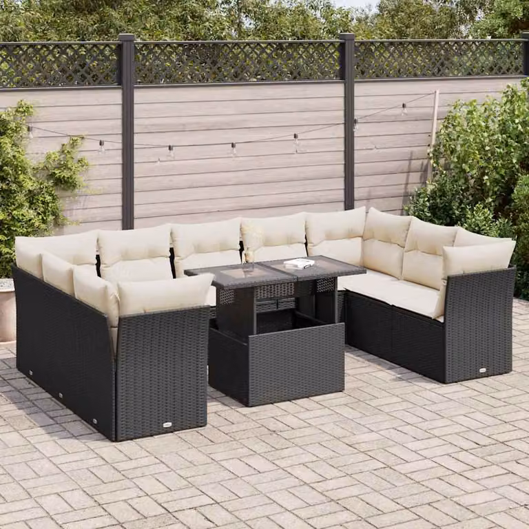Set di divani da giardino vidaXL composto da 10 pezzi con cuscini in polyrattan nero e struttura in metallo per esterni e terrazzi