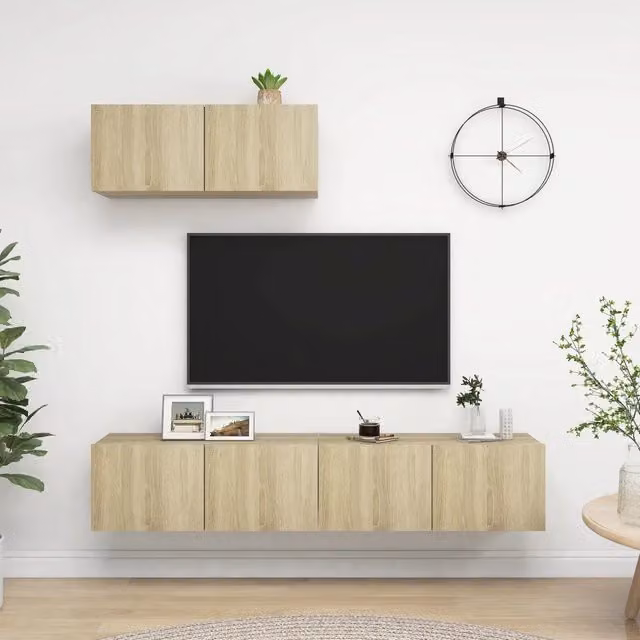 Set di 3 Mobili Porta TV Moderni vidaXL in Legno Rovere e Beige, Montaggio a Parete