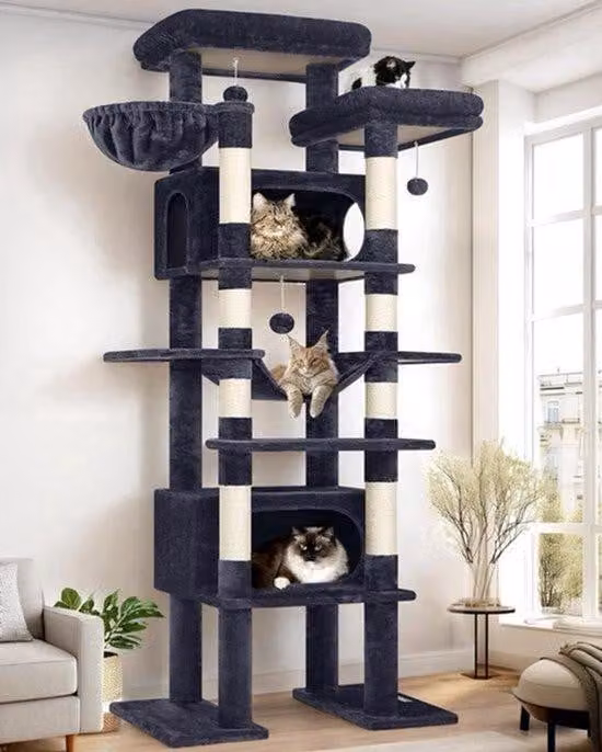 Grande struttura per l'arrampicata per gatti – XXL – 213 cm di altezza – 2 grandi rifugi per gatti – Materiale naturale in sisal per l'arrampicata – Grigio scuro