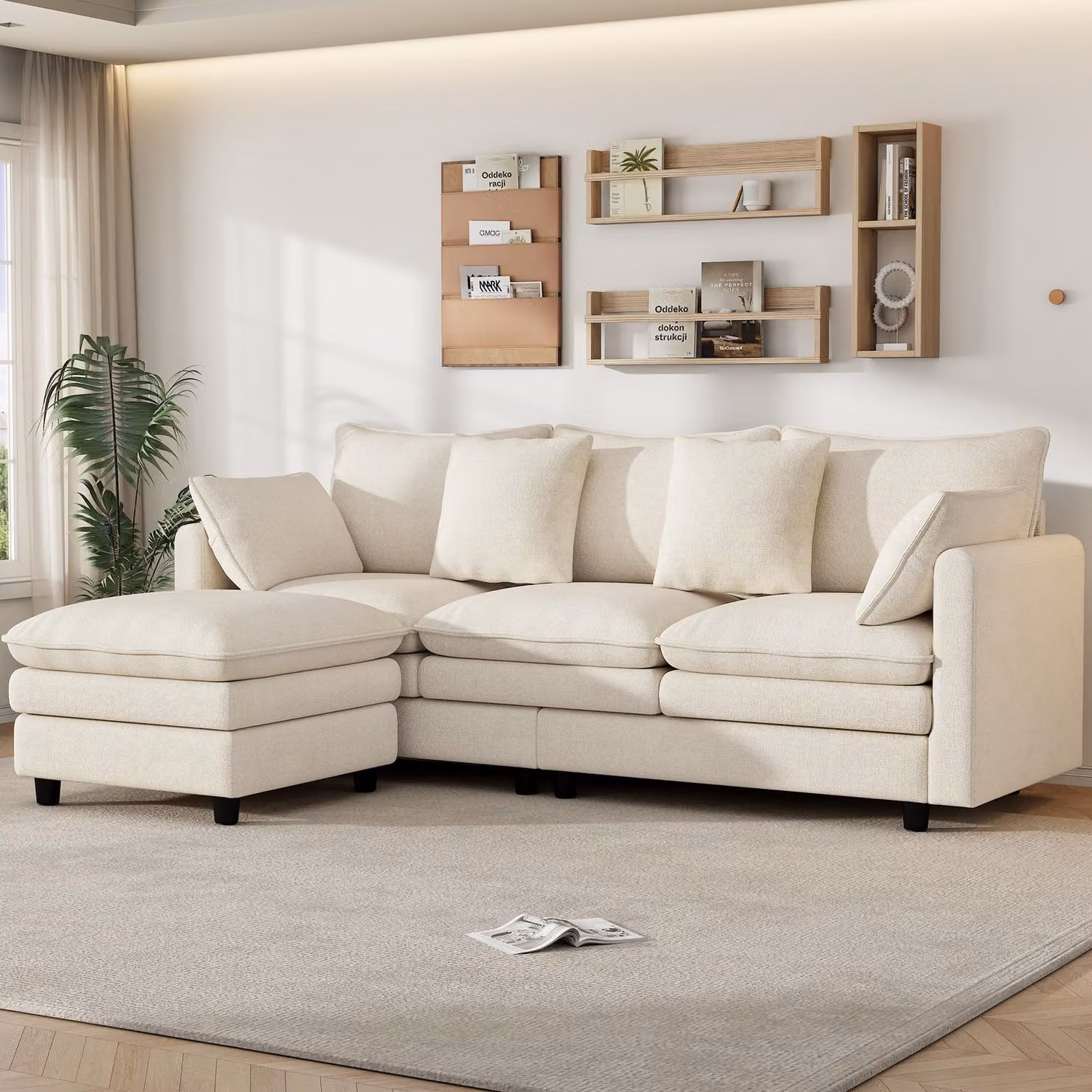 Divano angolare a forma di L, 3 posti, con chaise longue, rivestito in tessuto tipo chenille, con 4 cuscini e 3 schienali, dotato di 12 gambe, ideale per il soggiorno, colore beige