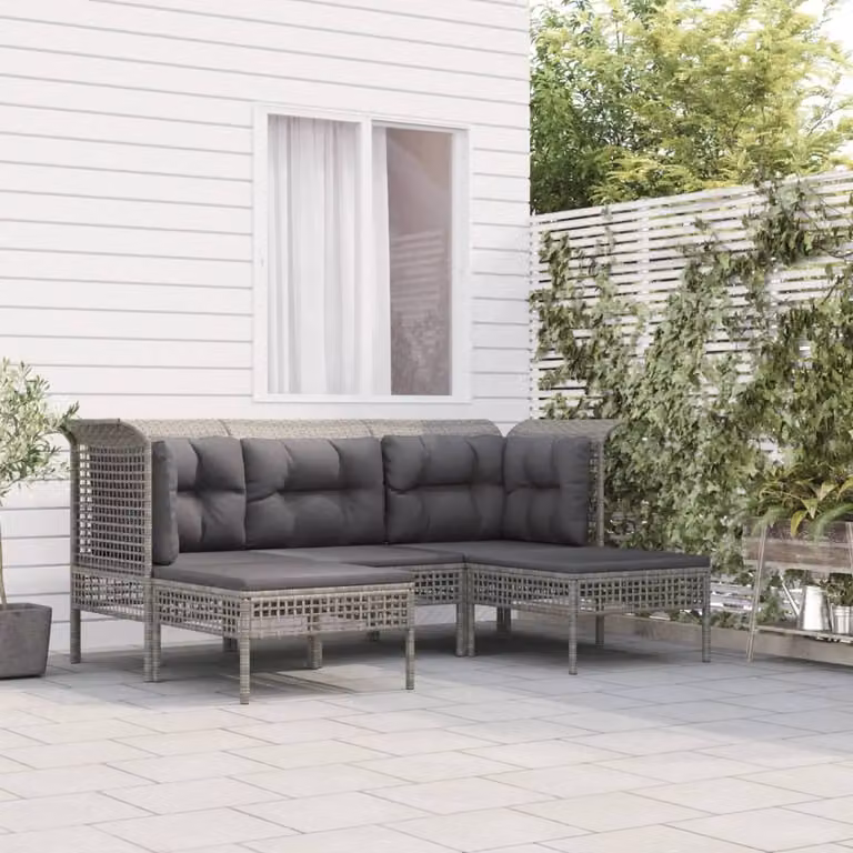 The Living Store Set da giardino 5 pezzi con cuscini in poly rattan grigio