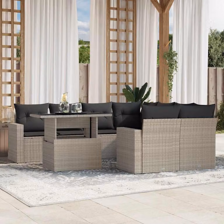 Set Divano da Giardino vidaXL 9pz a Forma di L con Cuscini Antracite e Tavolino in Vetro
