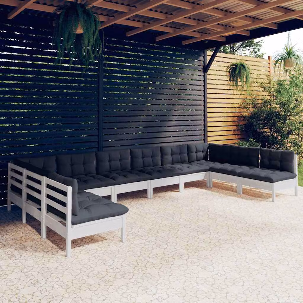 Set di divani da giardino vidaXL a forma di U composto da 10 pezzi in legno di pino con cuscini bianchi, antracite e grigi