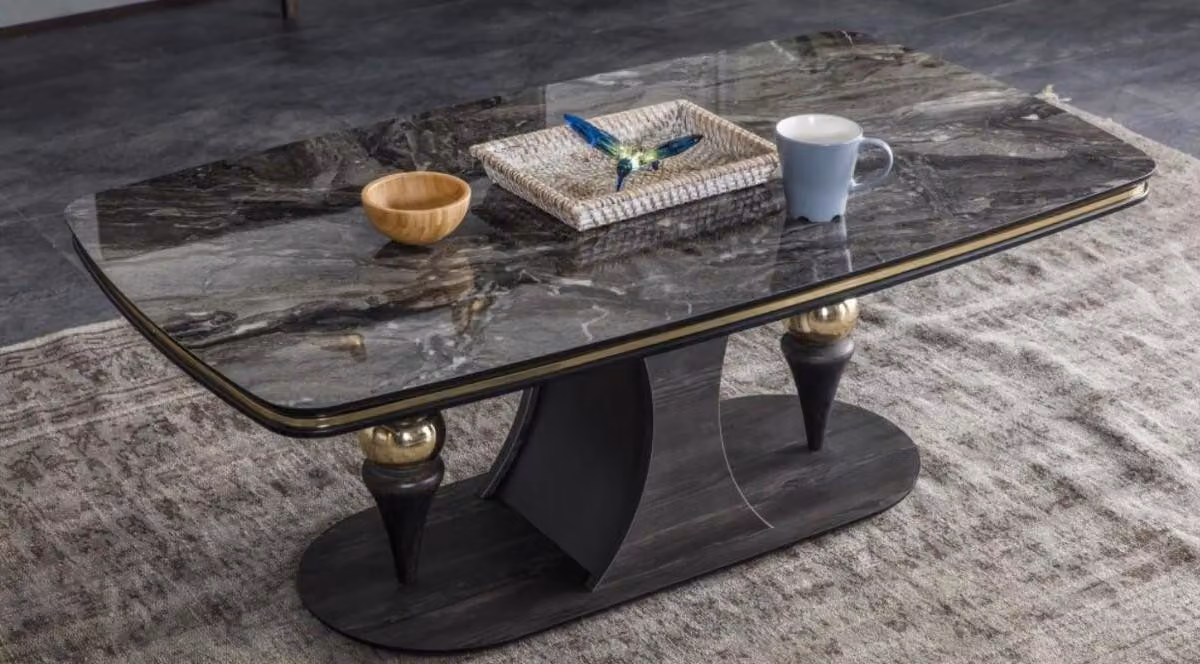 Casa Padrino tavolino Art Deco nero/grigio/ottone 120 x 70 x h. 46 cm - Tavolo rettangolare da salotto con piano in vetro effetto marmo - Arredamento