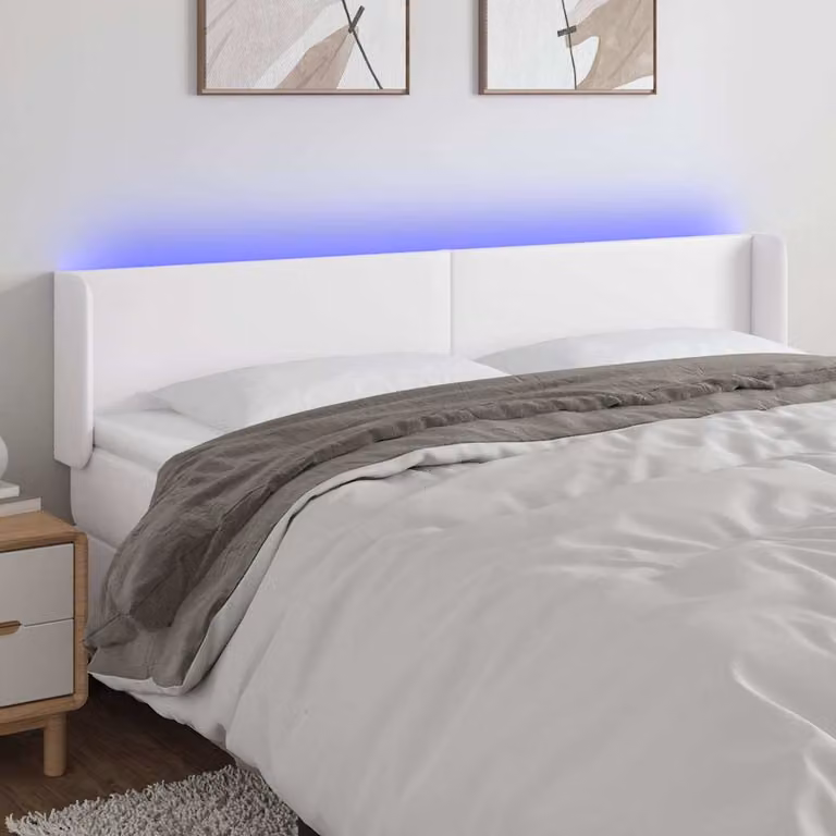 Testiera per letto vidaXL in similpelle bianca con illuminazione LED e porta USB, L: 203 cm, P: 16 cm, H: 78-88 cm
