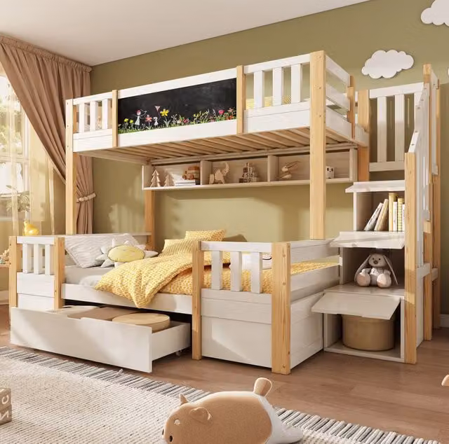 Letto a castello 90x200 e 140x200 con lavagna; scala-armadio e cassetti; bianco/naturale