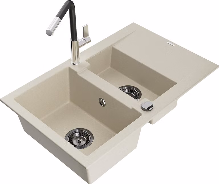 Mexen Gaspar lavello in granito 1,5 vasca con scolapiatti e rubinetto da cucina Flora, beige - 6507-69-670401-07-B