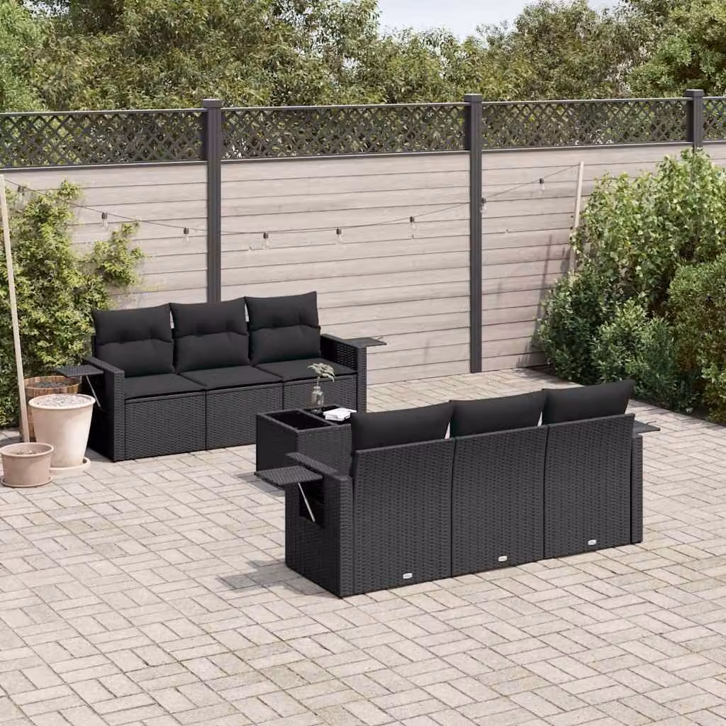 Set Divani da Giardino vidaXL in Polyrattan Nero con 7 Cuscini, Tavolino e Poltrona Lounge – 1