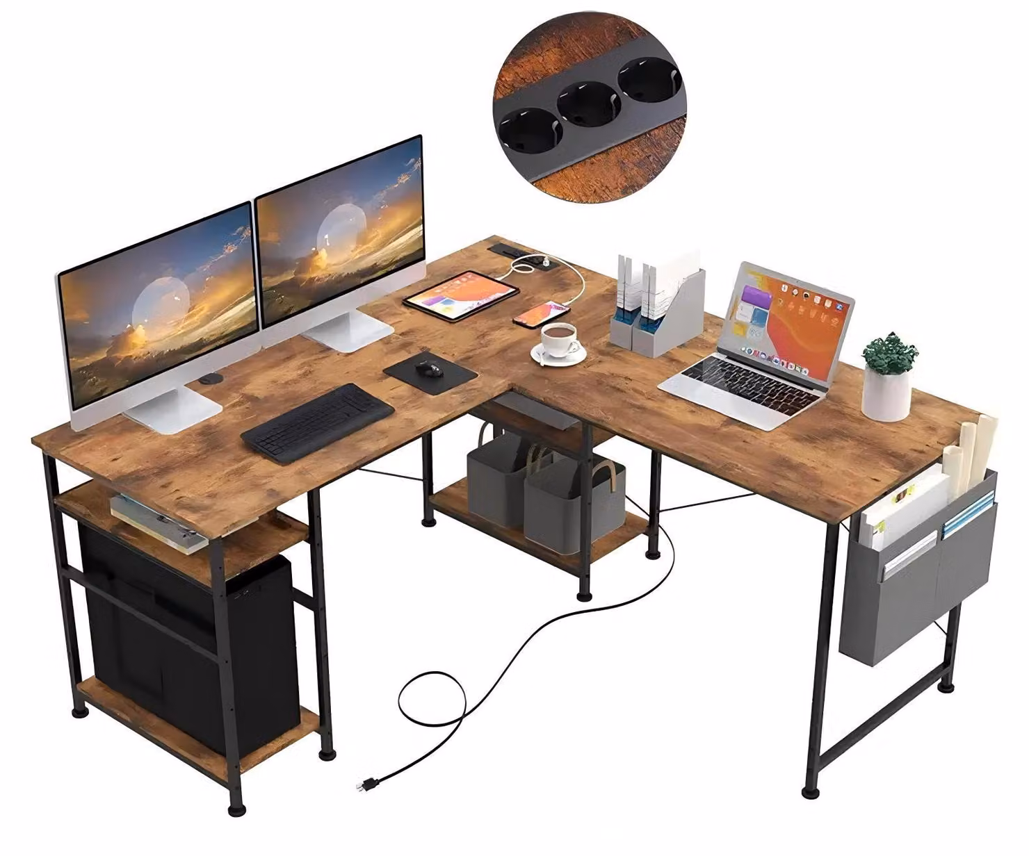 Scrivania angolare AIORBER, scrivania per computer con presa di corrente e porta USB, scrivania da ufficio con scaffali e tasca laterale, scrivania per gamer, ideale per l'ufficio domestico, colore marrone