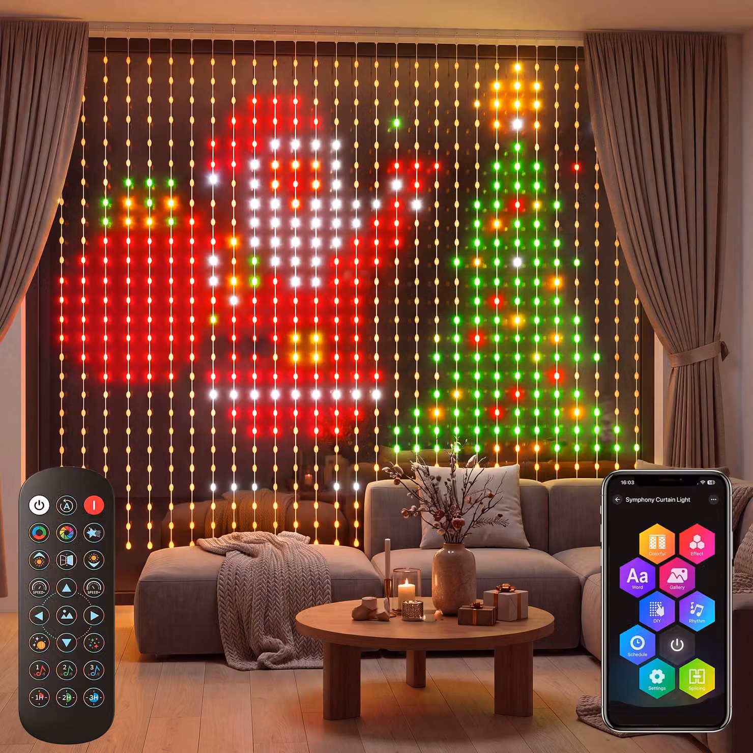 Tenda luminosa RGB con 400 LED, dimensioni 2x2 metri, grado di protezione IP44, controllo tramite app