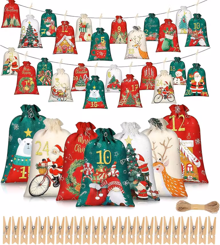 Calendario dell'Avvento da riempire - Con clip in corda di canapa - 24 calendari dell'Avvento personalizzabili - Ideali per bambini e adulti - Decorazioni natalizie