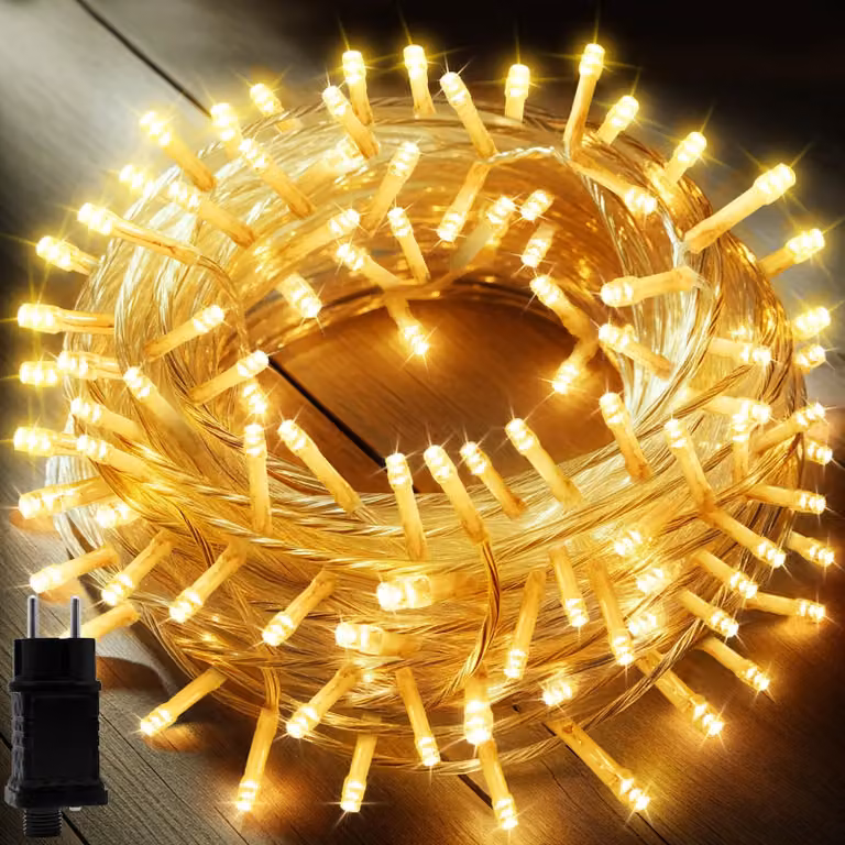 Catena luminosa con 200 LED, lunghezza 22 metri, con spina EU, alimentata da trasformatore a bassa tensione da 31V DC e dotata di 8 programmi per feste, Halloween, matrimoni e decorazioni, con luce bianca calda, prodotta da Uping [Classe energetica A+++]