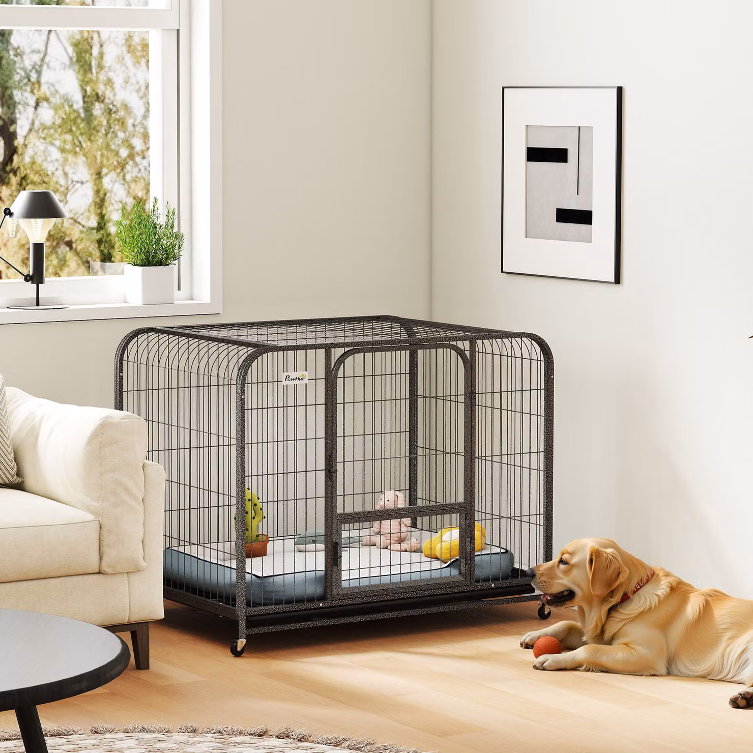 Gabbia per cani PawHut in acciaio con ruote, 3 porte, vassoio rimovibile e chiusura sicura, nero – 2