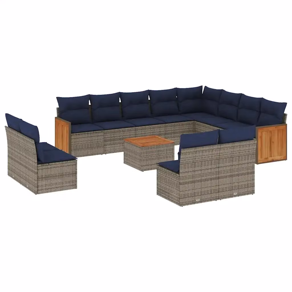 Set di divani da giardino vidaXL in rattan e legno di acacia oliato con 13 pezzi e cuscini grigi e blu – 2