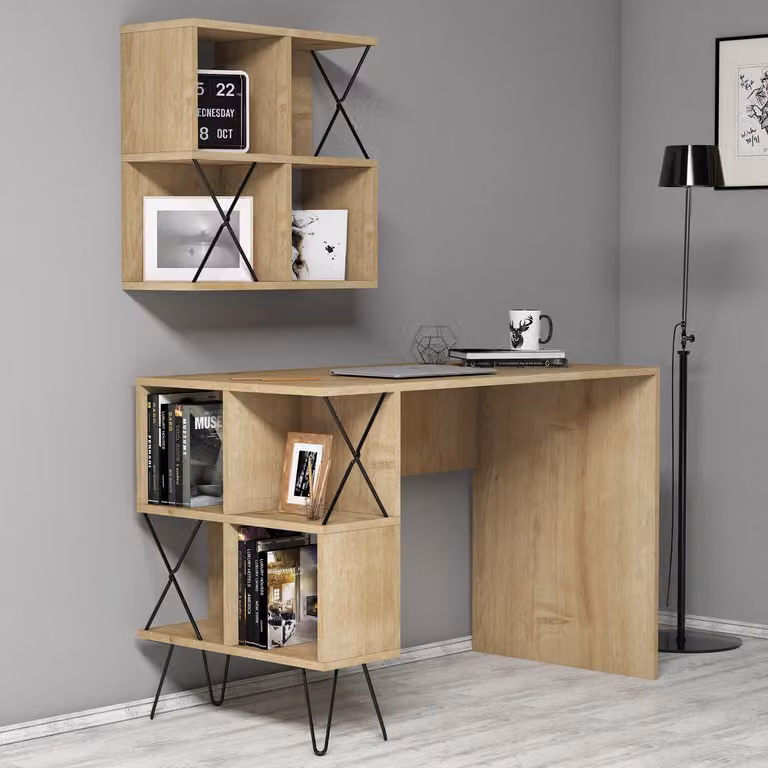 Skye Decor, scrivania moderna con ripiano a parete, in legno di quercia e nero, dimensioni 120 x 60 x 78,8 cm | Realizzata in pannello di particelle rivestito in melamina al 100%, spessore 18 mm | Versatile, funzionale ed elegante.