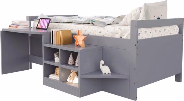 Letto singolo per bambini 90x200 grigio con scrivania， contenitori e USB salvaspazio， senza materasso