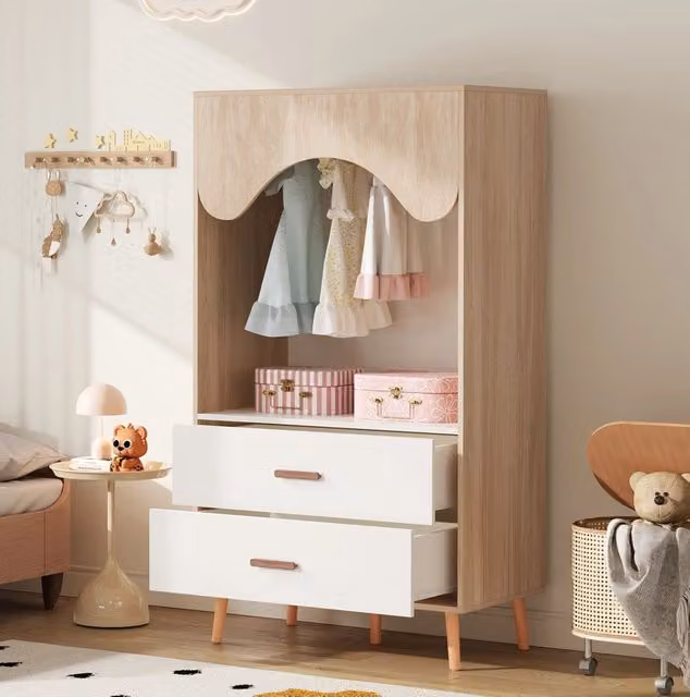 Armadio aperto per bambini con appendiabiti e 2 cassetti; 80x46x141;5 cm; bianco naturale