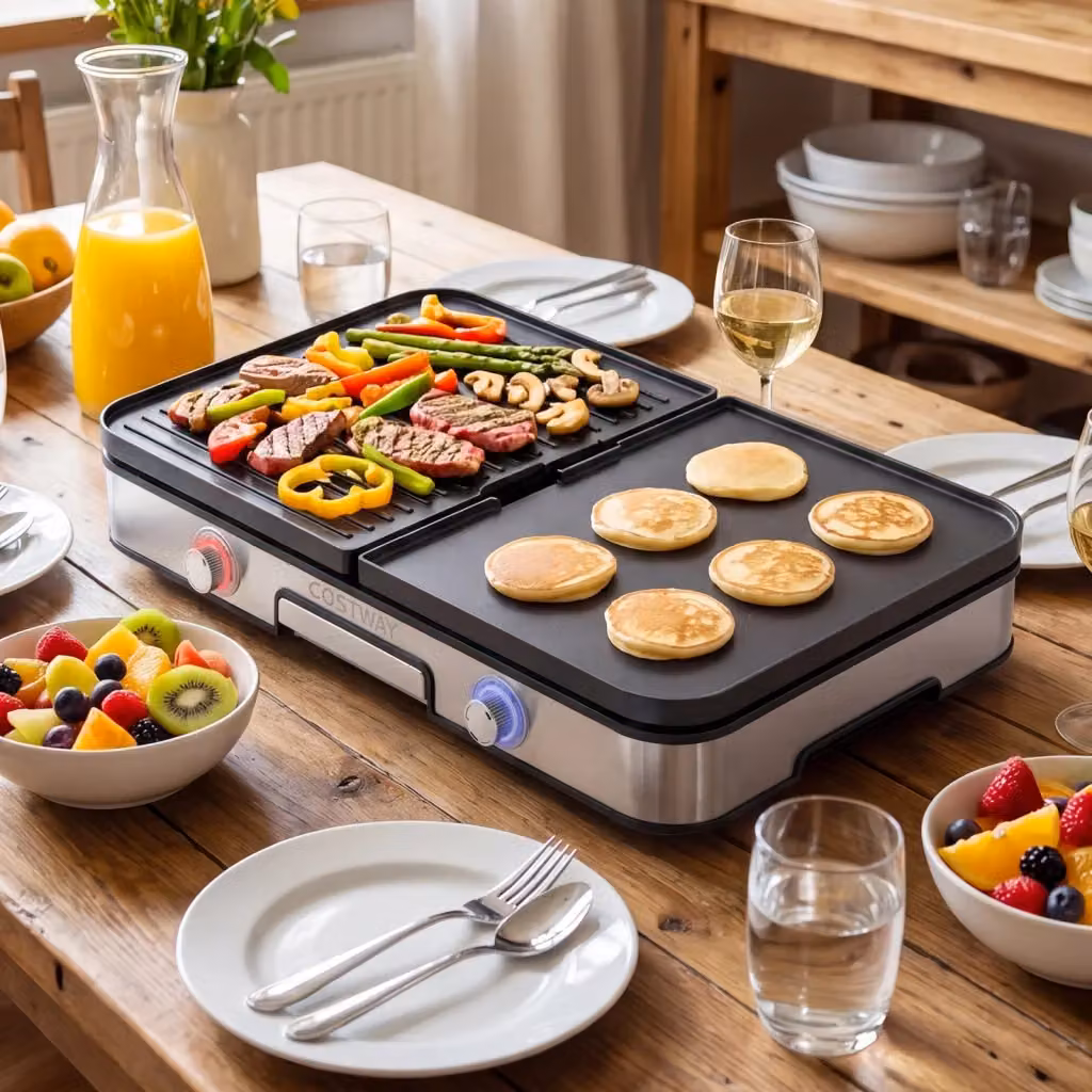 Griglia barbecue elettrica 3 in 1 da tavolo con piastra grill, potenza 2000W e 2 manopole per il controllo della temperatura, colore nero – 2
